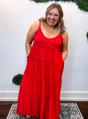 Somewhere Sunny Tiered Maxi Dress in Ruby Red