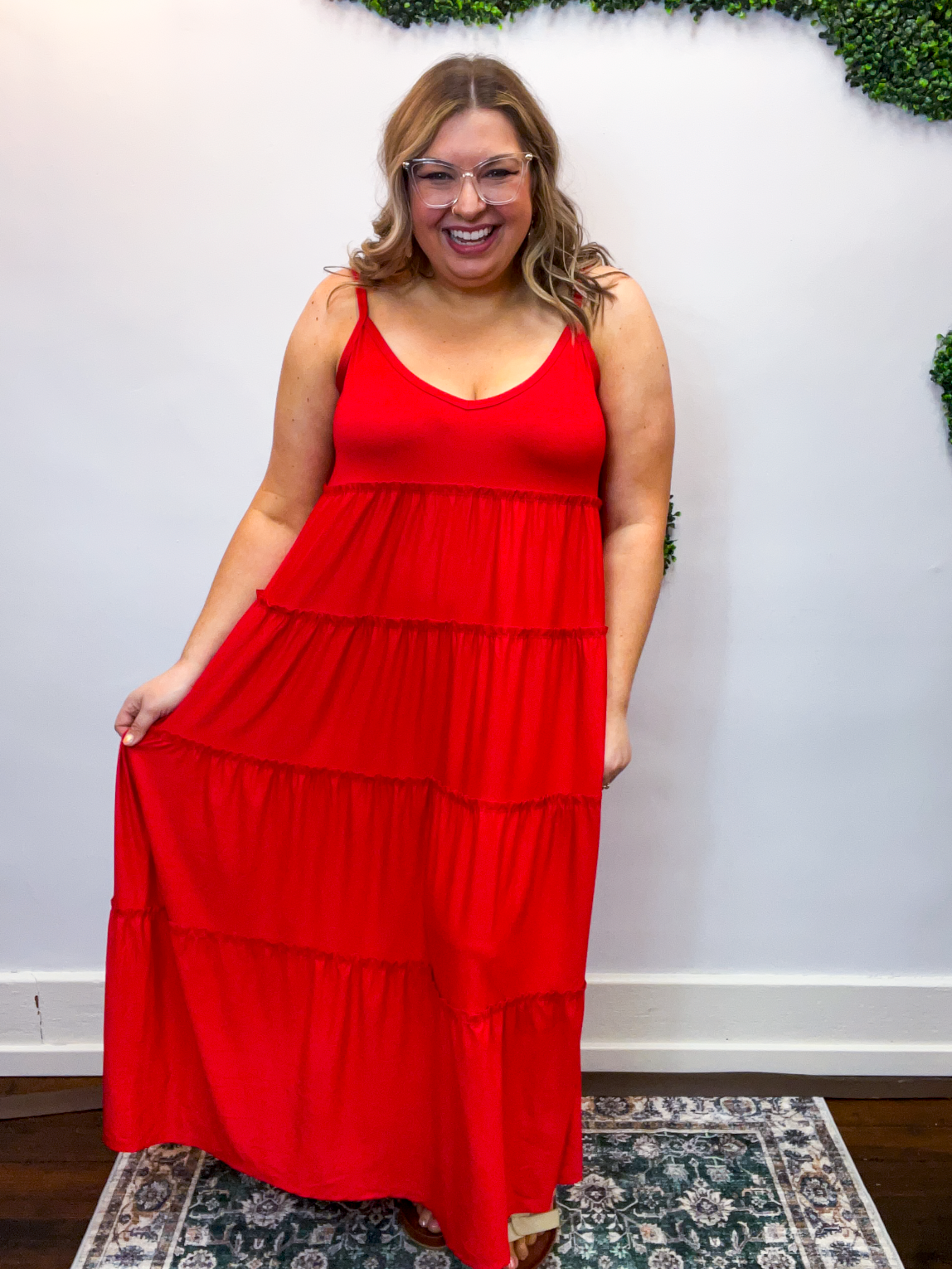 Somewhere Sunny Tiered Maxi Dress in Ruby Red