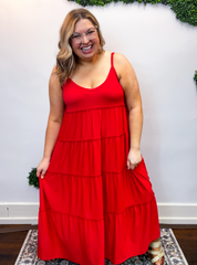 Somewhere Sunny Tiered Maxi Dress in Ruby Red