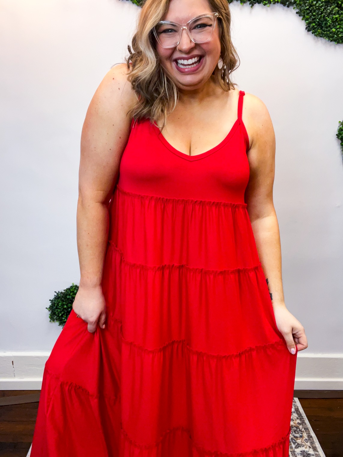 Somewhere Sunny Tiered Maxi Dress in Ruby Red