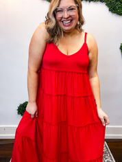 Somewhere Sunny Tiered Maxi Dress in Ruby Red