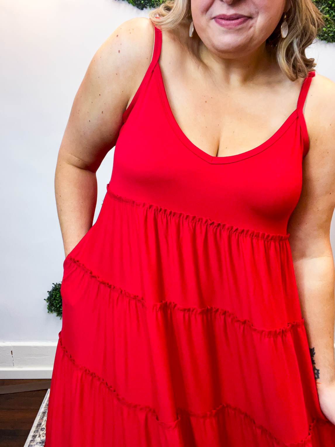 Somewhere Sunny Tiered Maxi Dress in Ruby Red