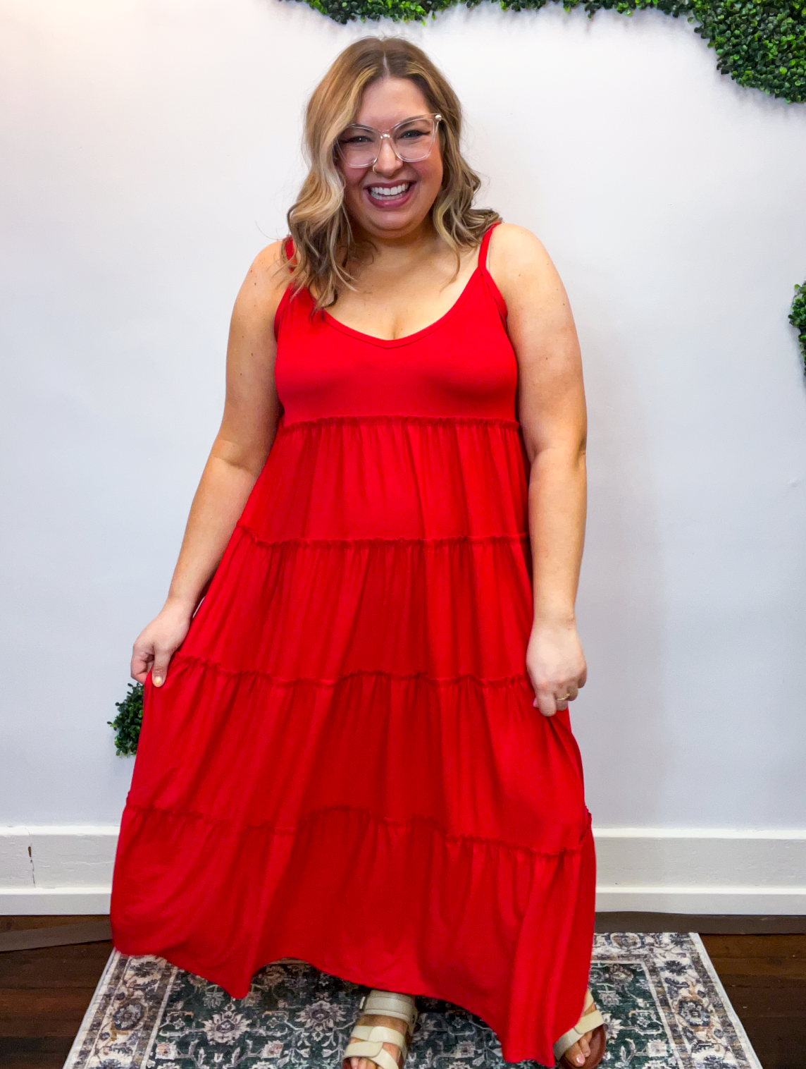 Somewhere Sunny Tiered Maxi Dress in Ruby Red