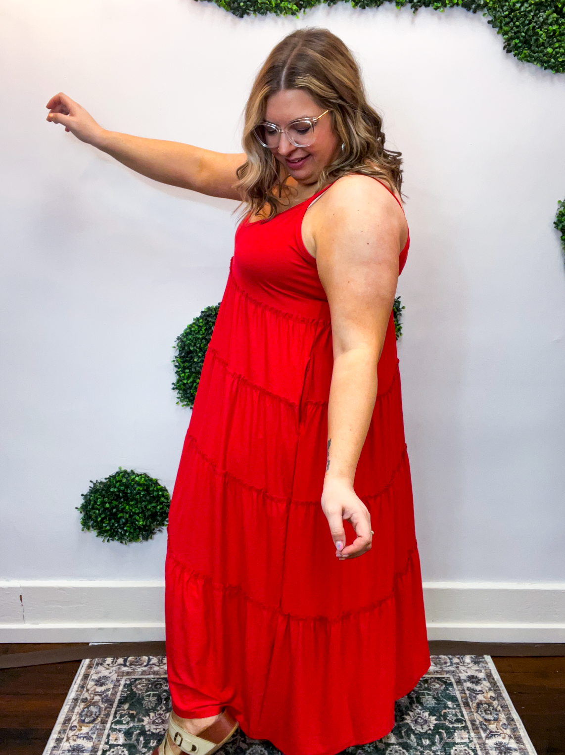 Somewhere Sunny Tiered Maxi Dress in Ruby Red