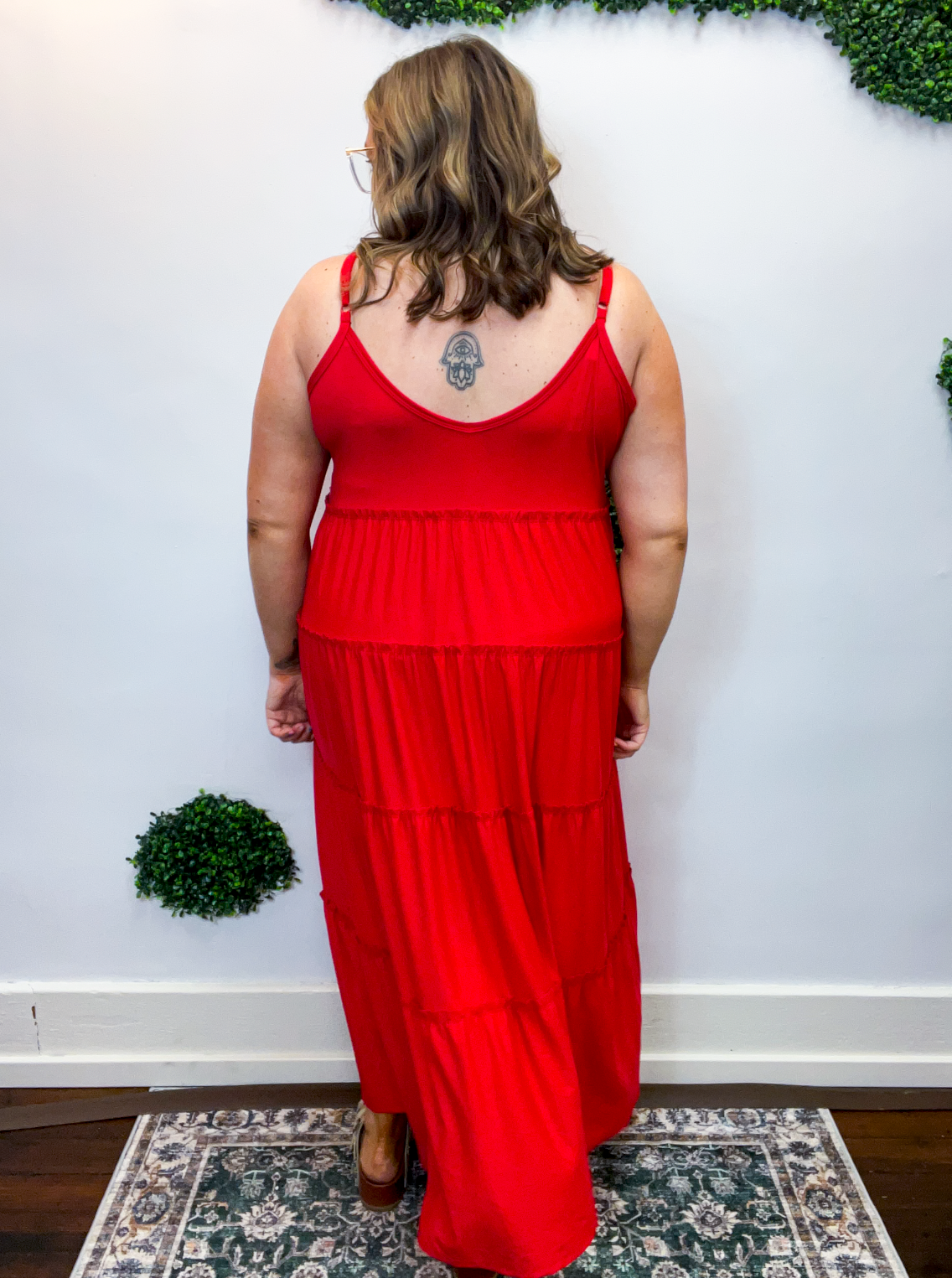 Somewhere Sunny Tiered Maxi Dress in Ruby Red