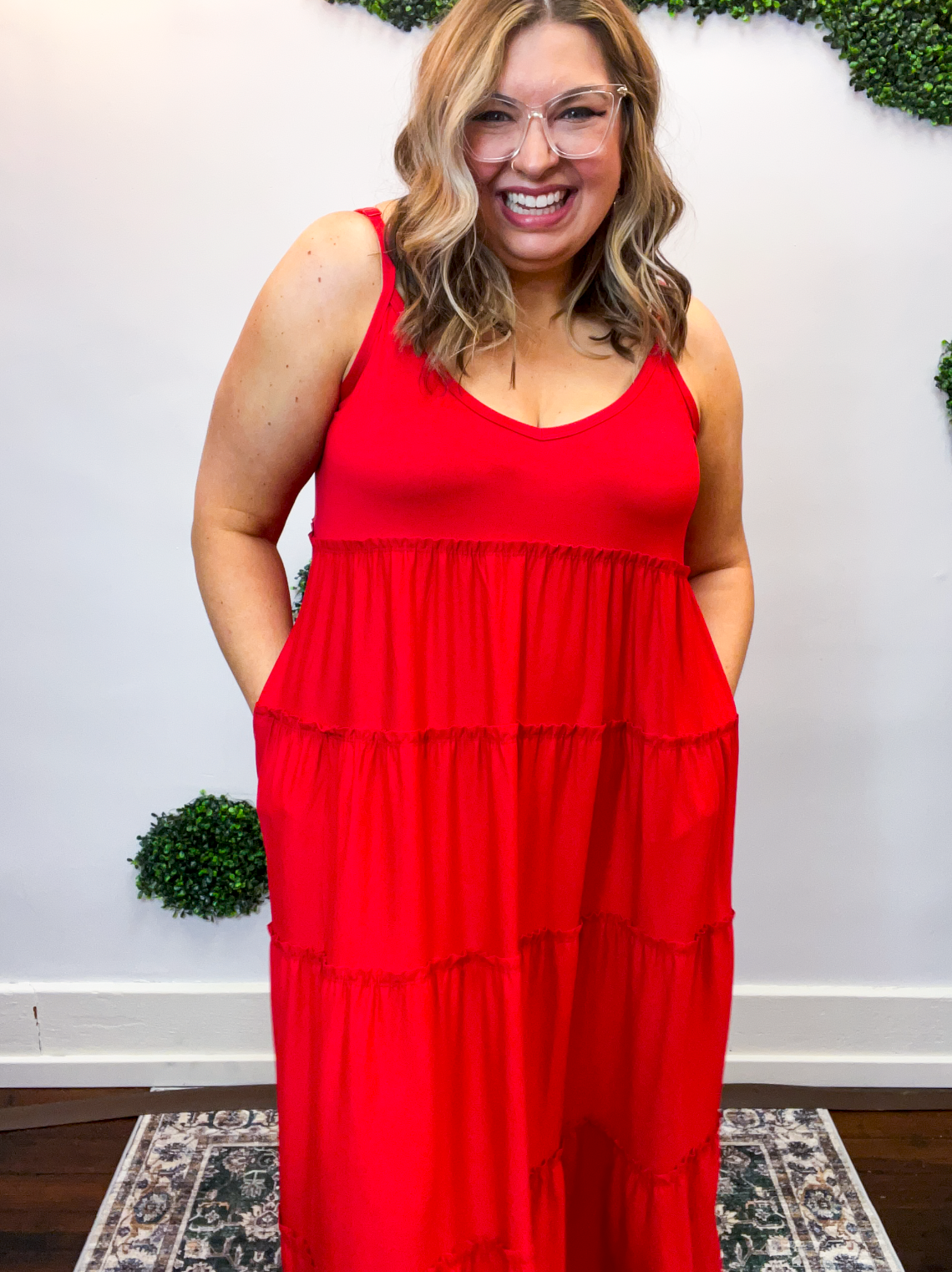 Somewhere Sunny Tiered Maxi Dress in Ruby Red