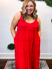 Somewhere Sunny Tiered Maxi Dress in Ruby Red