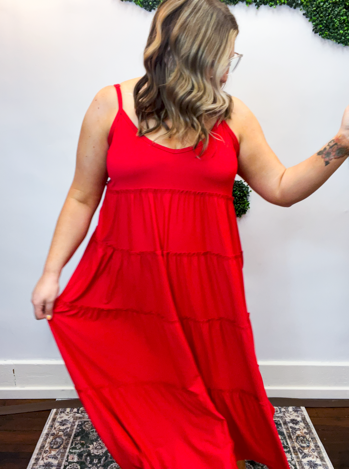 Somewhere Sunny Tiered Maxi Dress in Ruby Red
