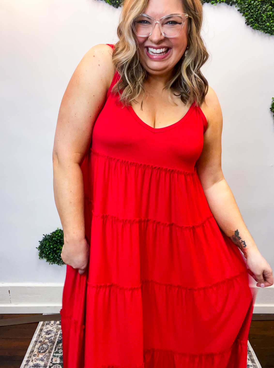 Somewhere Sunny Tiered Maxi Dress in Ruby Red