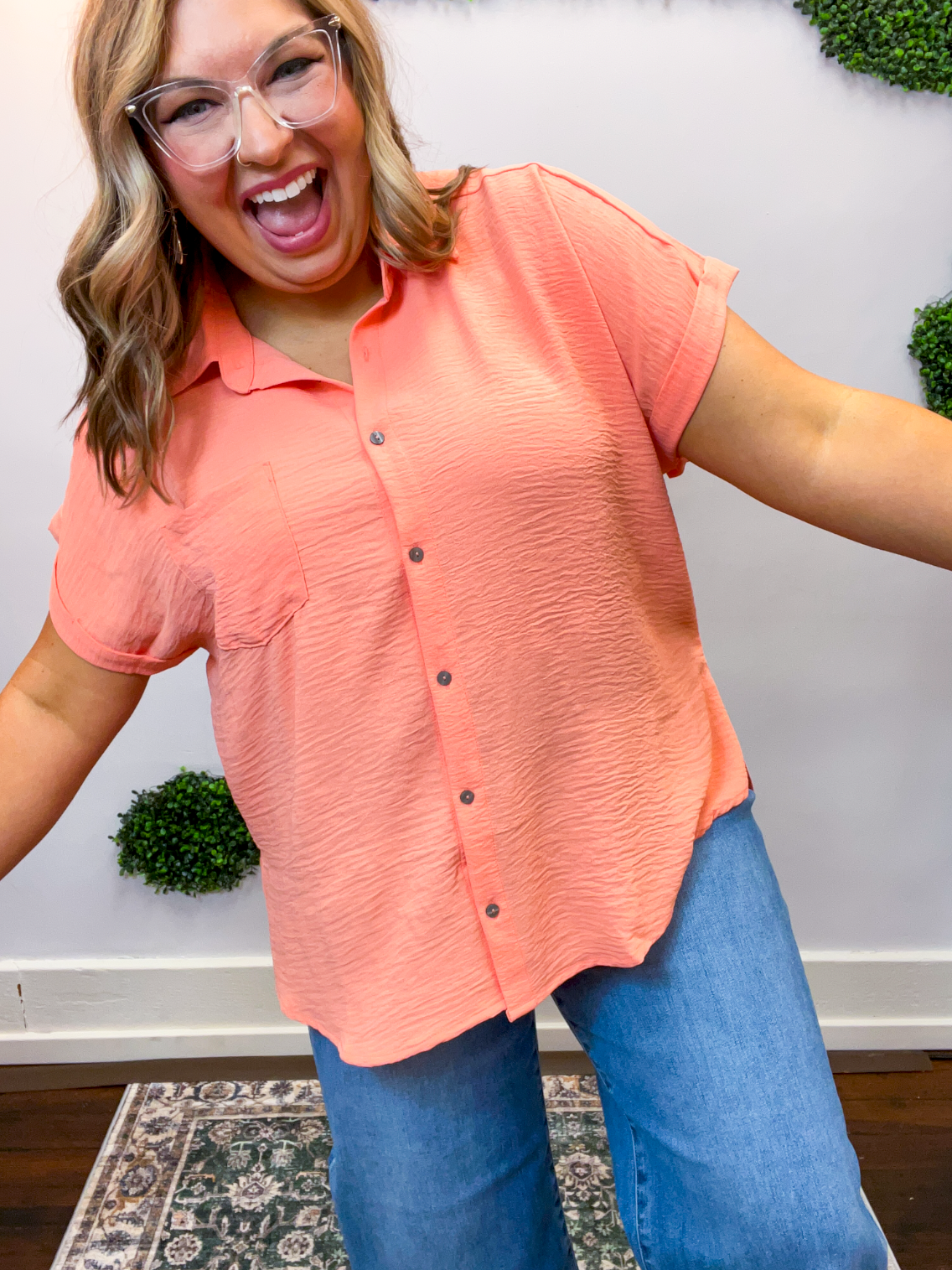 Sunny Disposition Button Down Top in Coral