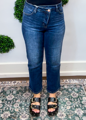 RFM | Dylan Mid Rise Asymmetric Cropped Straight Leg Jean in Dark Wash