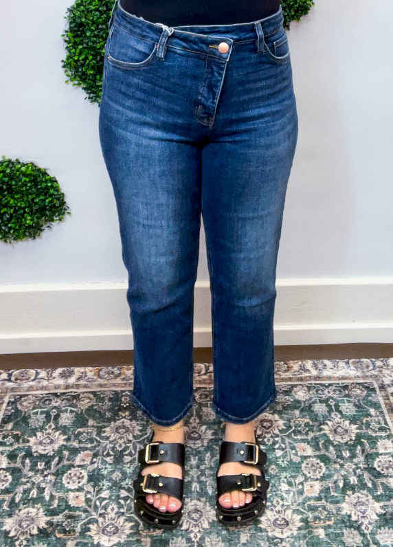 RFM | Dylan Mid Rise Asymmetric Cropped Straight Leg Jean in Dark Wash
