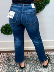 RFM | Dylan Mid Rise Asymmetric Cropped Straight Leg Jean in Dark Wash