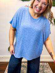 Featherlight Oversized Hacci Top in Cornflower Blue
