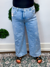 Risen| High Rise Crop Wide Leg Embroidered Jeans in Light Wash 