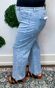 Risen| High Rise Crop Wide Leg Embroidered Jeans in Light Wash 