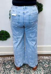 Risen| High Rise Crop Wide Leg Embroidered Jeans in Light Wash 