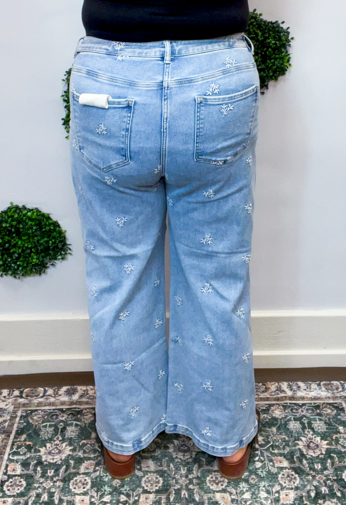 Risen| High Rise Crop Wide Leg Embroidered Jeans in Light Wash 