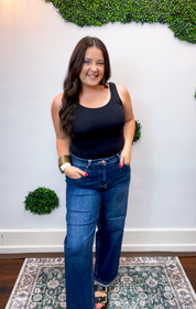 Risen | High Rise Ankle Boyfriend Turn Up Cuffed Jeans in Dark Wash