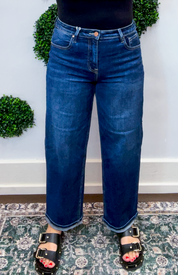 Risen | High Rise Ankle Boyfriend Turn Up Cuffed Jeans in Dark Wash
