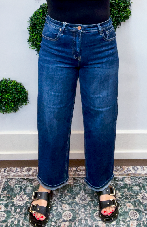 Risen | High Rise Ankle Boyfriend Turn Up Cuffed Jeans in Dark Wash