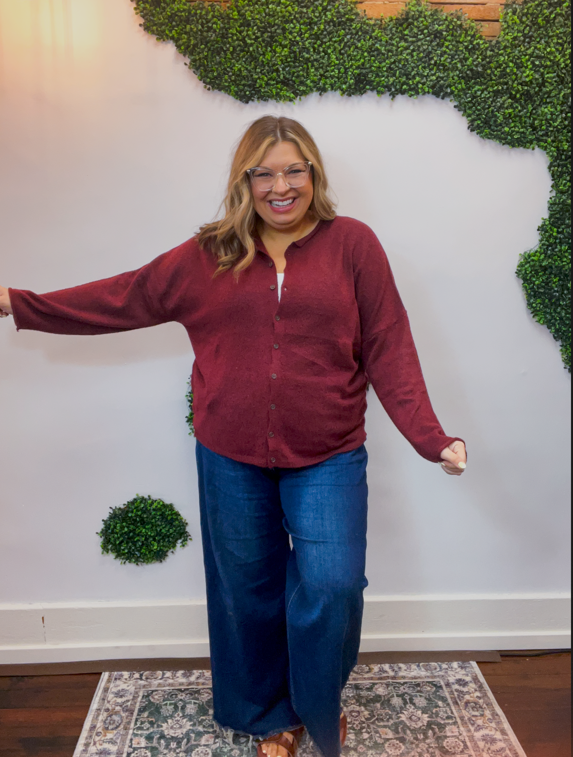 The Staple Button Front Cardigan in Burgundy