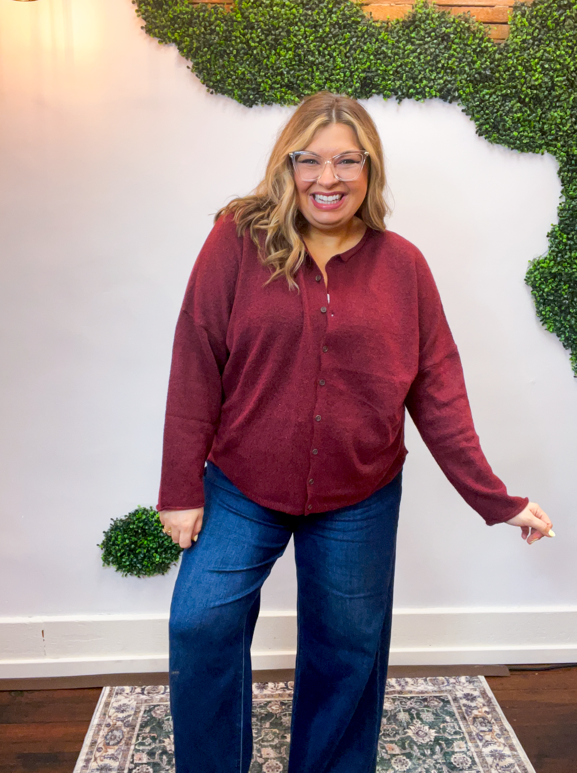 The Staple Button Front Cardigan in Burgundy