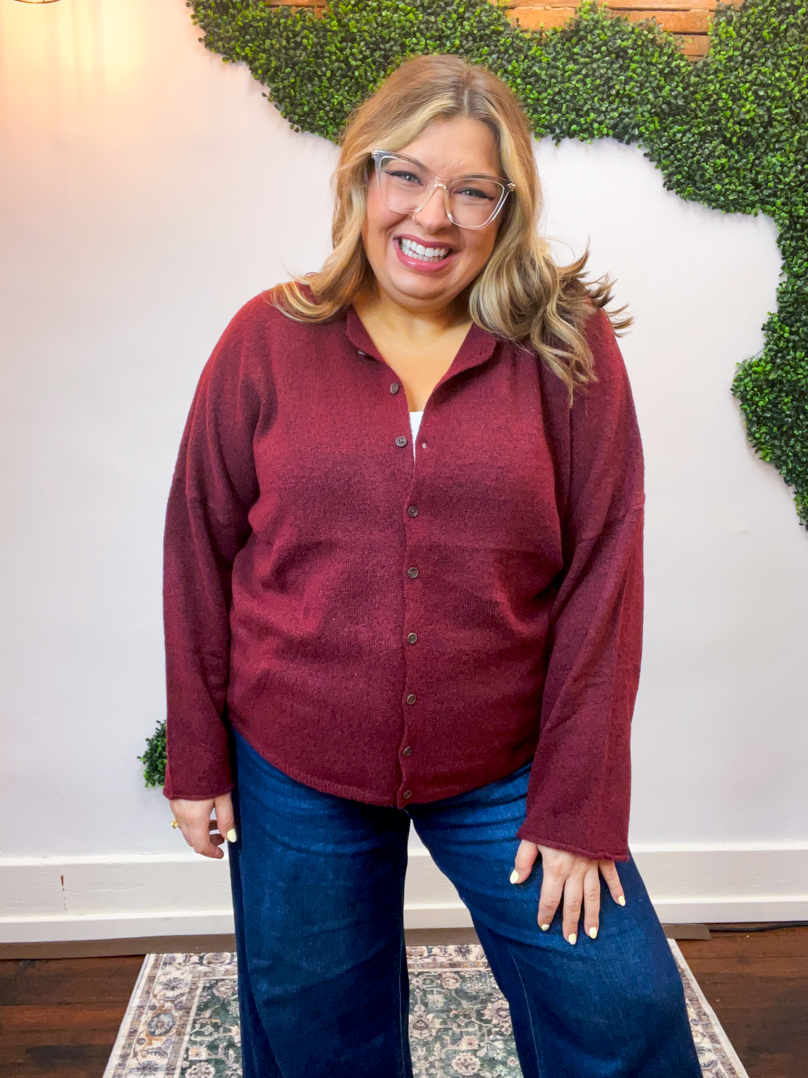 The Staple Button Front Cardigan in Burgundy