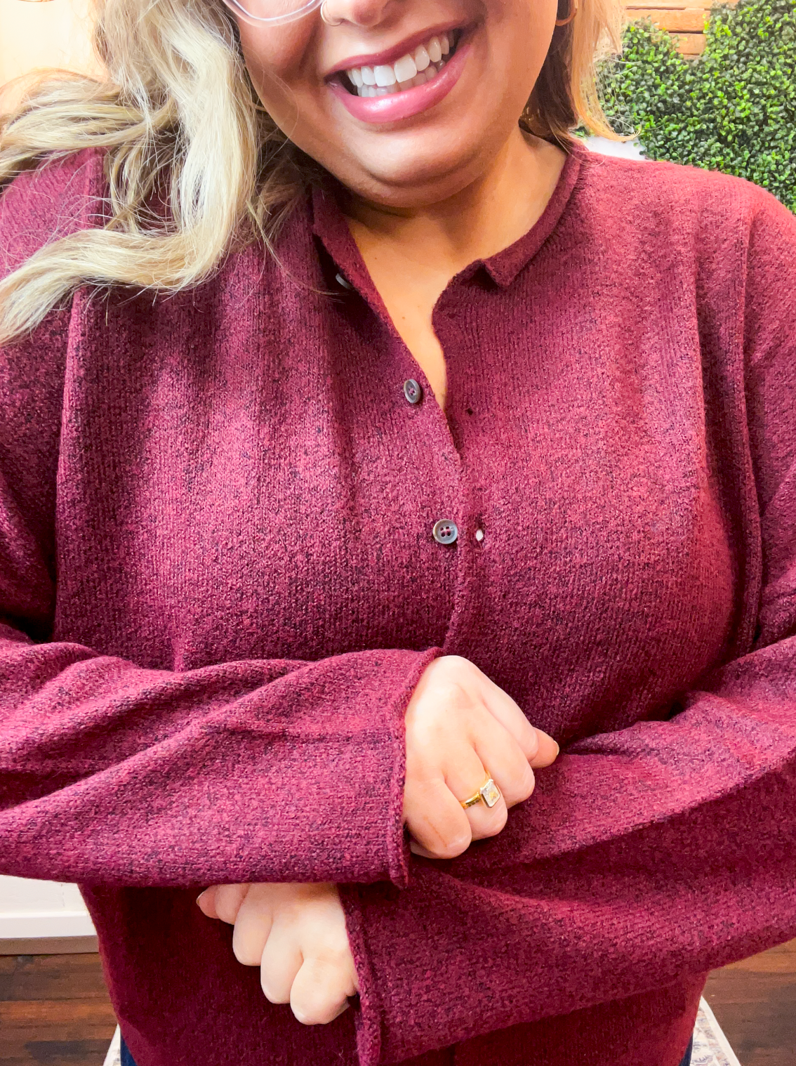 The Staple Button Front Cardigan in Burgundy
