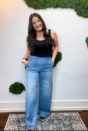 Risen | Elastic Band High Rise Wide Jeans With Patch Pockets in Medium Wash