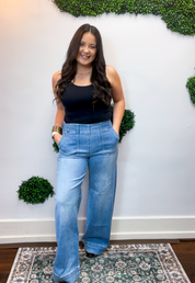Risen | Elastic Band High Rise Wide Jeans With Patch Pockets in Medium Wash