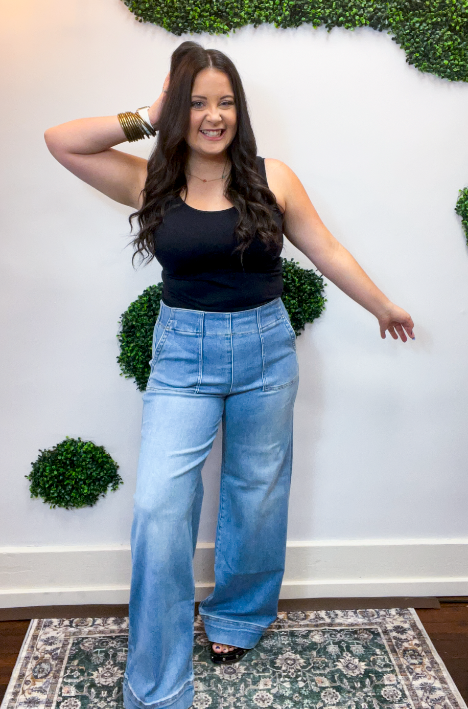 Risen | Elastic Band High Rise Wide Jeans With Patch Pockets in Medium Wash