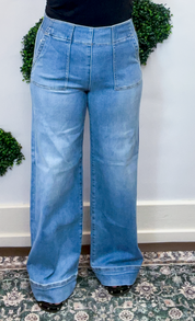 Risen | Elastic Band High Rise Wide Jeans With Patch Pockets in Medium Wash