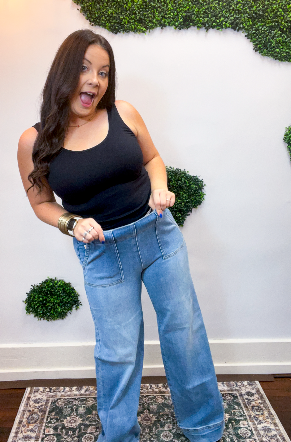 Risen | Elastic Band High Rise Wide Jeans With Patch Pockets in Medium Wash