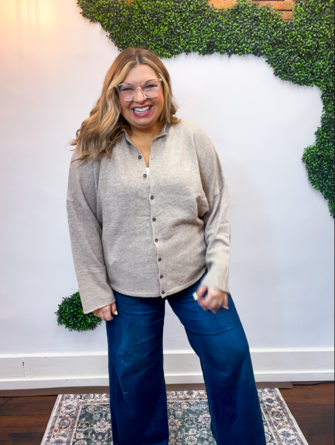 The Staple Button Front Cardigan in Light Mocha