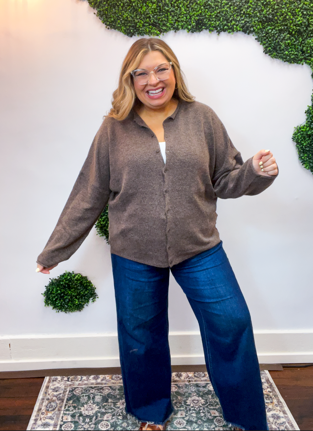 The Staple Button Front Cardigan in Dark Brown