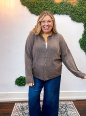 The Staple Button Front Cardigan in Dark Brown