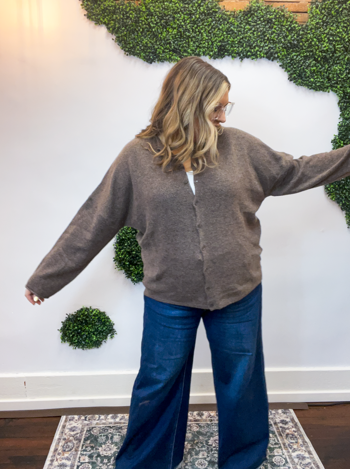 The Staple Button Front Cardigan in Dark Brown