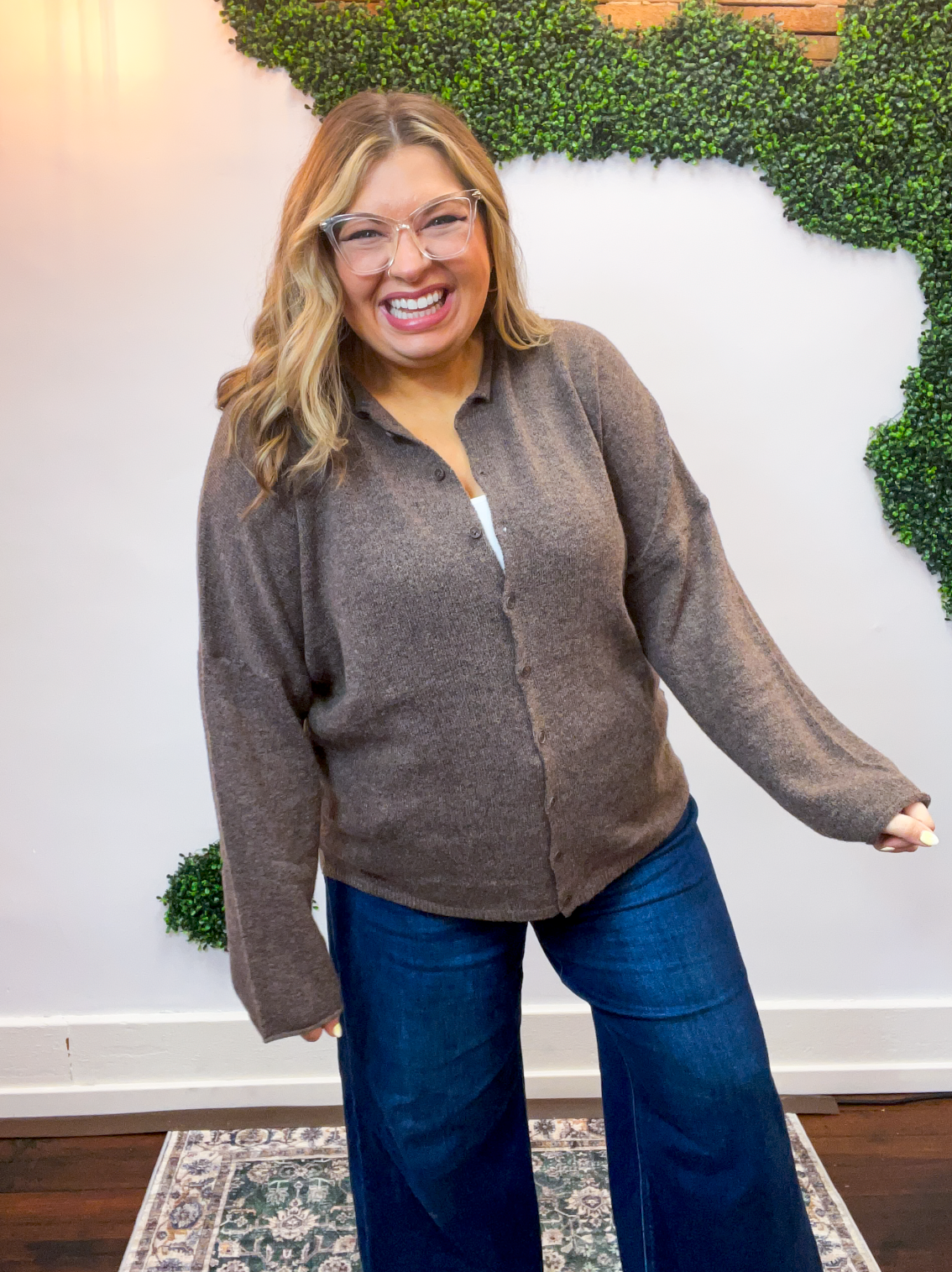 The Staple Button Front Cardigan in Dark Brown