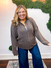 The Staple Button Front Cardigan in Dark Brown