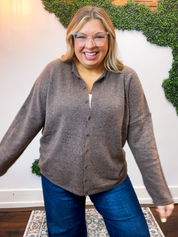 The Staple Button Front Cardigan in Dark Brown