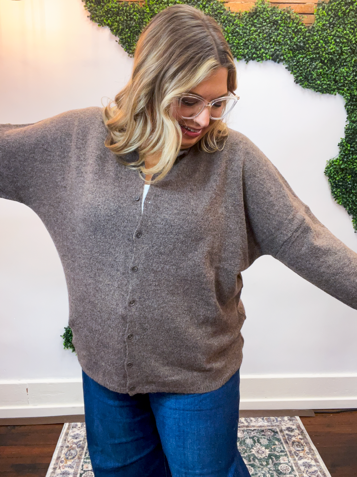 The Staple Button Front Cardigan in Dark Brown