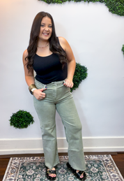 Frayed Edge Wide Leg Cropped Jeans in Olive