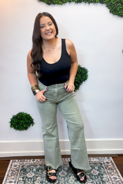 Frayed Edge Wide Leg Cropped Jeans in Olive