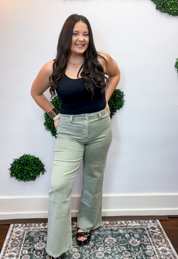 Frayed Edge Wide Leg Cropped Jeans in Olive