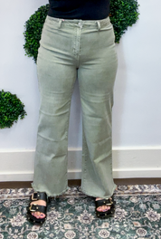 Frayed Edge Wide Leg Cropped Jeans in Olive