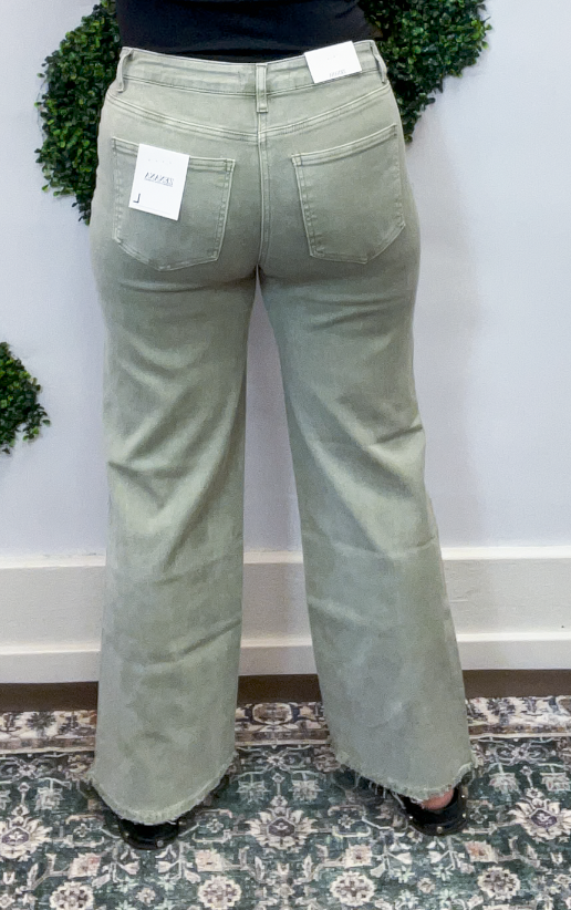 Frayed Edge Wide Leg Cropped Jeans in Olive