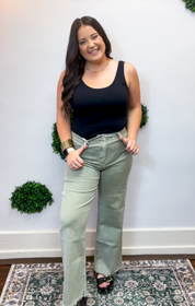 Frayed Edge Wide Leg Cropped Jeans in Olive
