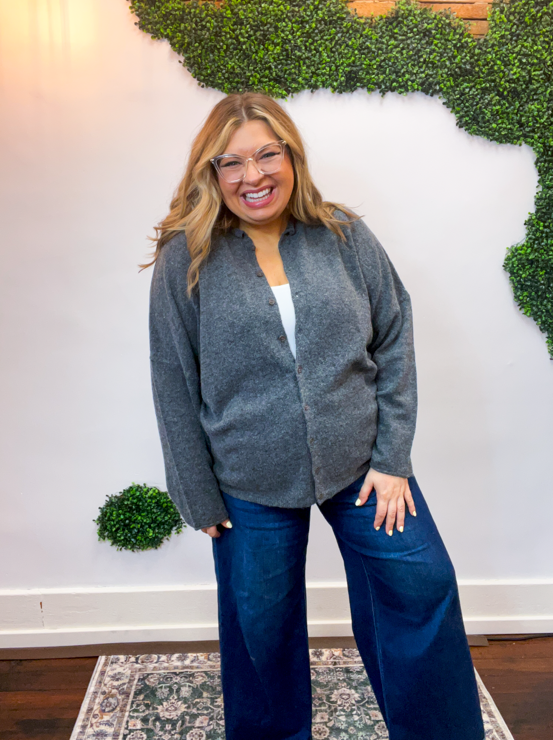 The Staple Button Front Cardigan in Charcoal