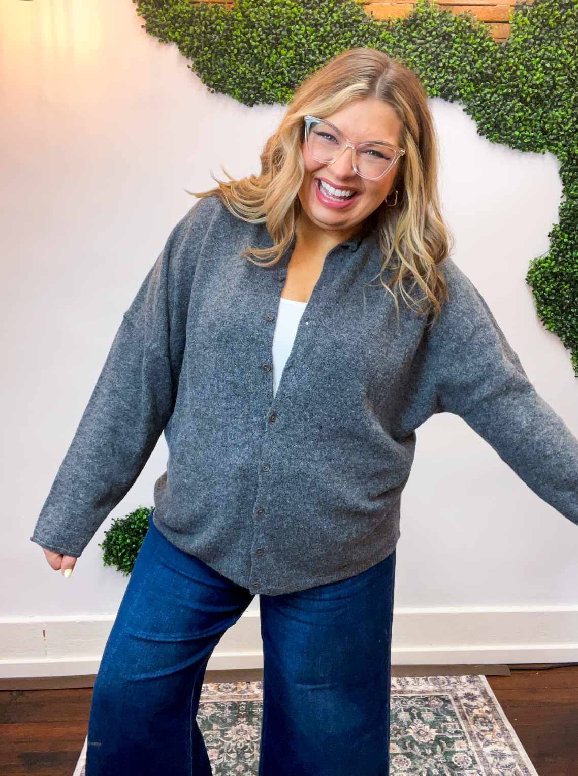 The Staple Button Front Cardigan in Charcoal
